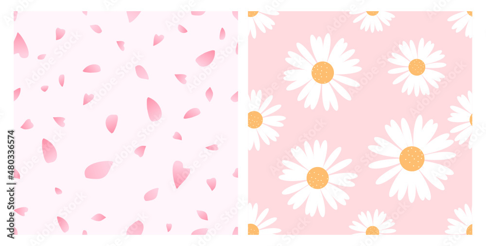 Seamless patterns with Sakura petals and daisy flowers on pink backgrounds vector illustration. Seamless patterns with Sakura petals and daisy flowers on pink backgrounds vector illustration.