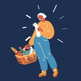 Cartoon vector illustration of Portrait woman wear with grocery basket shopping bag from supermarket