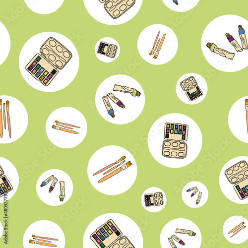 Vector green painting tools and brush background pattern