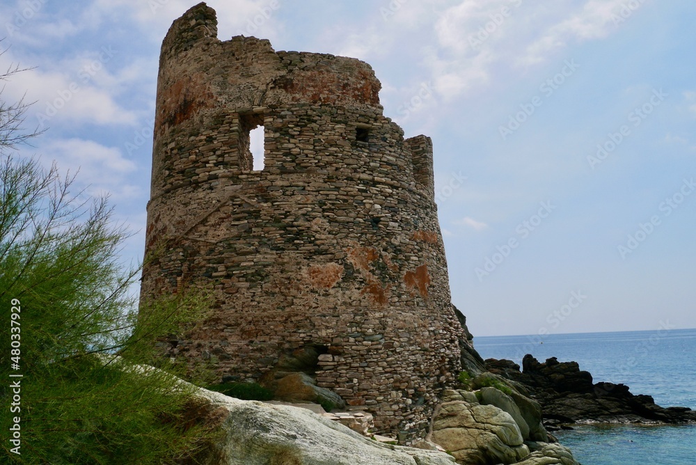Scenic Genoese tower in Erbalunga, charming waterfront village in Cap Corse, Corsica, France.