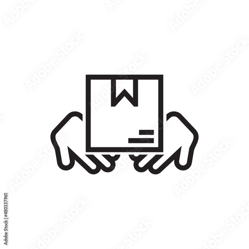 Receive order, Pick up point, delivery services, hands holding box, collect parcel. Vector icon isolated on white background