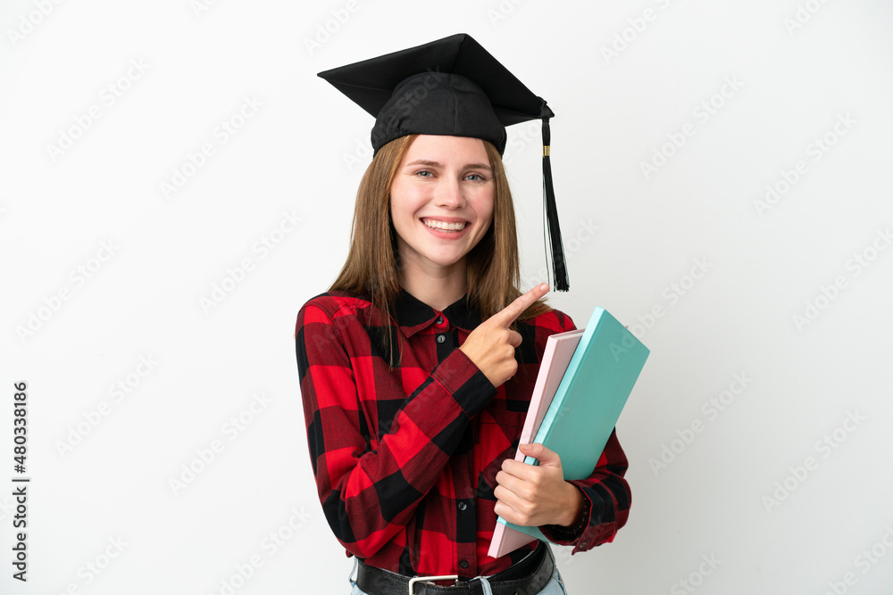Young English student woman isolated on white background pointing to the side to present a product Young English student woman isolated on white background pointing to the side to present a product