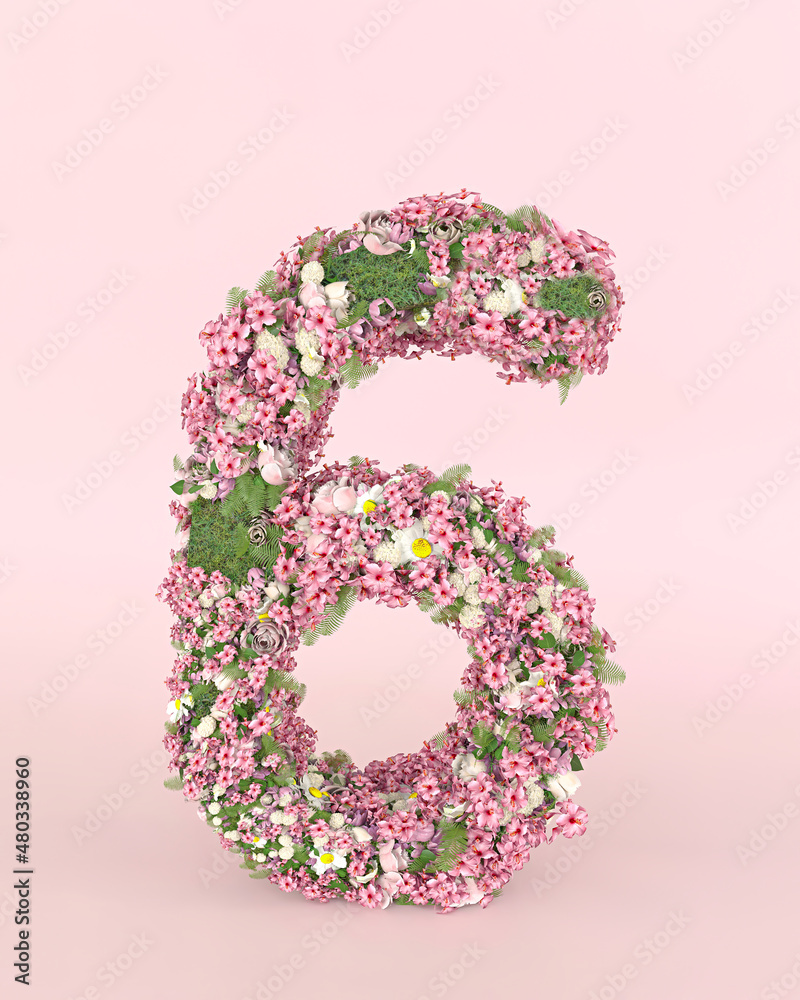 Creative number 6 concept made of fresh Spring wedding flowers. Flower font concept on pastel pink background.