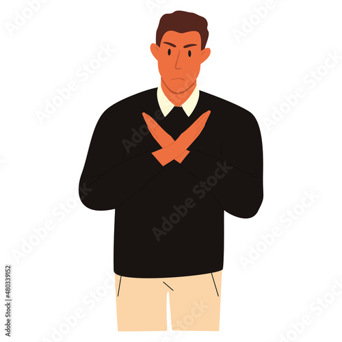 A flat vector cartoon illustration of a man demonstrating a gesture of disagreement, denial, refusal with his hands. Crossed palms, frowning expression. Nonverbal communication.