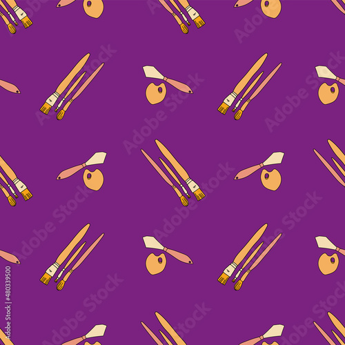 Vector purple painting tools and brush background pattern