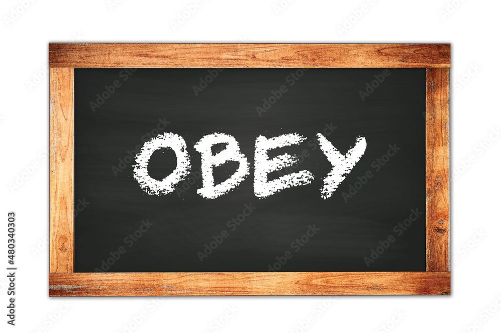 OBEY text written on wooden frame school blackboard. OBEY text written on wooden frame school blackboard.