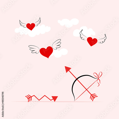 Valentine's day design. Red hearts with wings, cupid arrow. Holiday banner, web poster, flyer, stylish brochure, greeting card, cover. Romantic background. Vector illustration