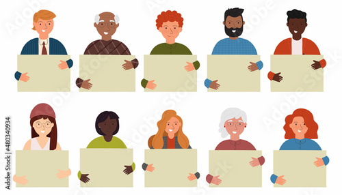 Diverse group of people, entrepreneurs, students, unemployed or office workers isolated on a white background. Multinational company. Old and young men and women together with empty space. Vector