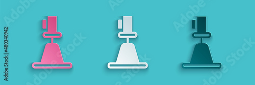 Paper cut Tacheometer, theodolite icon isolated on blue background. Geological survey, engineering equipment for measurement and research. Paper art style. Vector