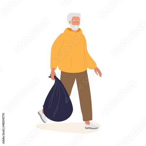 Smiling elderly Man carries black plastic trash bag full of garbage. Senior man with beard with gray hair wearing casual clothes. Mature Man. Colored flat cartoon vector illustration isolated