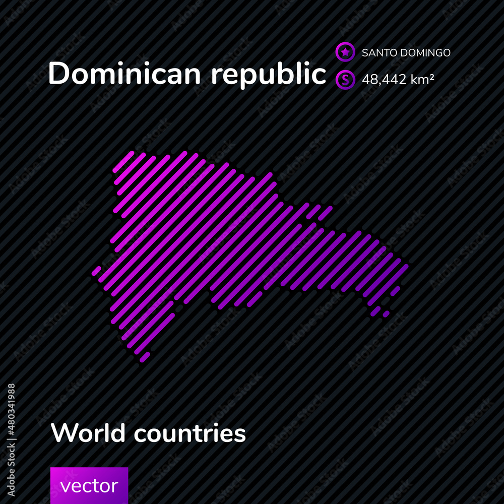Stylized vector flat Dominican Republic map texture in black and violet colors on striped background