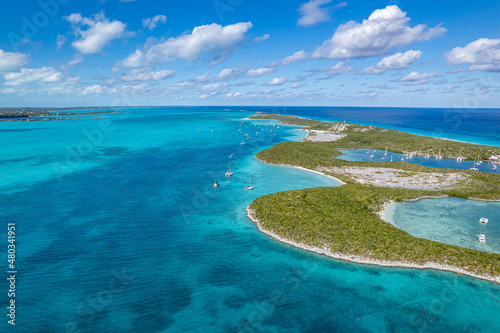 The drone aerial view of Stocking Island, Great Exuma, Bahamas. 