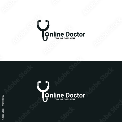 Online doctor logo with stethoscope icon isolated on white background