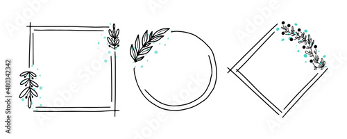 Geometric floral frame set, border with leaves,wreaths,flower doodle elements. Hand drawn sketch style for invitation, greeting card,social media and blog.
