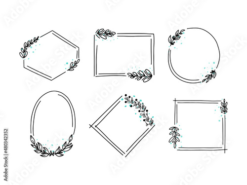 Geometric floral frame set, border with leaves,wreaths,flower doodle elements. Hand drawn sketch style for invitation, greeting card,social media and blog.