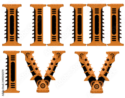 Roman numerals in steampunk style from one to five set.