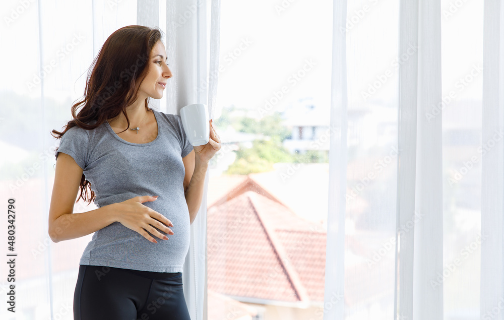Happy Caucasian woman drinks glass of healthy beverage for belly nourishment of pregnancy and calmly relax by looking out window Happy Caucasian woman drinks glass of healthy beverage for belly nourishment of pregnancy and calmly relax by looking out window