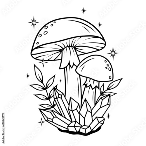 Illustration of mushrooms with crystals. Magical plants. Witchcraft items. Mystical elements. Halloween object.