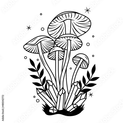 Illustration of mushrooms with crystals. Magical plants. Witchcraft items. Mystical elements. Halloween object.
