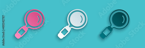 Paper cut Magnifying glass icon isolated on blue background. Search, focus, zoom, business symbol. Paper art style. Vector