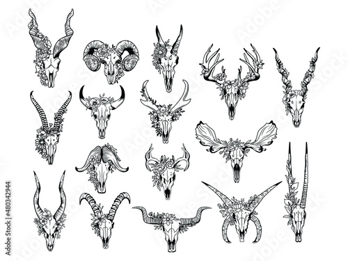 Set of skull animals with flowers wreath. Сollection of skull farm animals with flowers. Vector illustration of a white background. Tattoo.