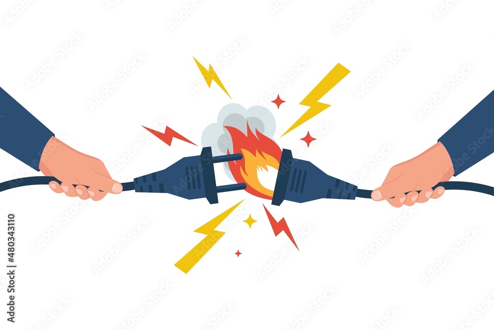 Vecteur Stock Electrical outlet is burning. Fire wiring. Human turns