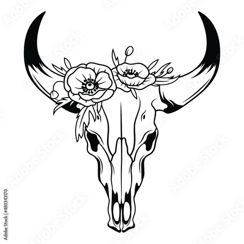 Skull animal with flowers wreath. Skull farm animal with flowers. Vector illustration of a white background. Tattoo.