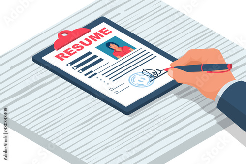 Resume form. Clipboard with leaf. Man fills in questionnaire. Writing business resume. Concept of employment. Vector isometric design. CV application.