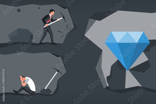 Two businessmen go to their goal. Weak and strong. Vector illustration flat design. Isolated on white background. Surrendered to half the way. Weak on the way to success.
