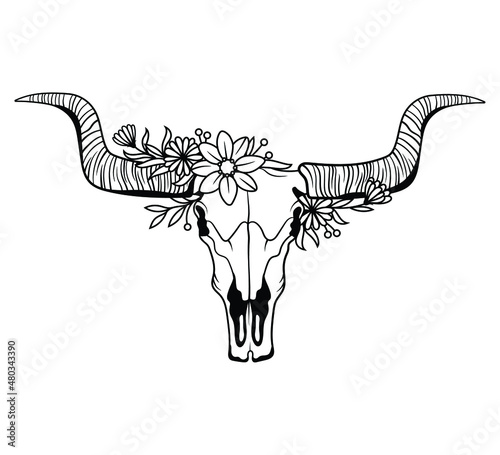 Skull animal with flowers wreath. Skull farm animal with flowers. Vector illustration of a white background. Tattoo.