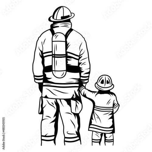 Illustration of firefighters with son. Portrait of man and his children. Father's Day. Profession for saving people. Design for t-shirt.