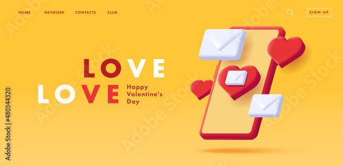 3d illustration of a smartphone with isometric hearts and love envelopes poping up from the screen