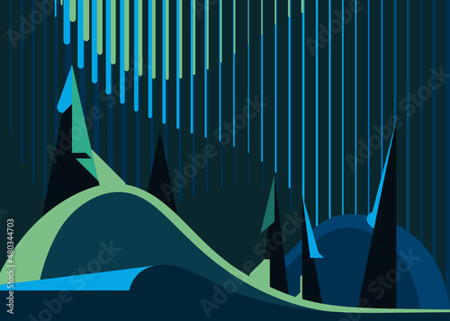 Banner with aurora borealis and forest. Placard design in abstract style.