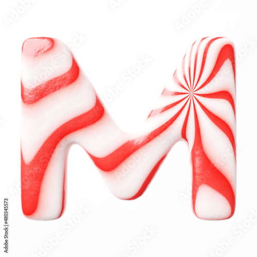 Candy letter M on clean white background isolated sweet candy lollipop 3D render with red and white stripes