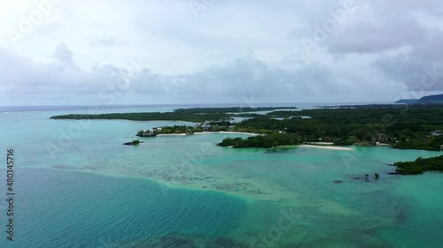 Aerial view, flight at bay at Grand Port, il aux Cerfs with bays, sandbanks, and water sports, Flacq, Mauritius, Africa photo