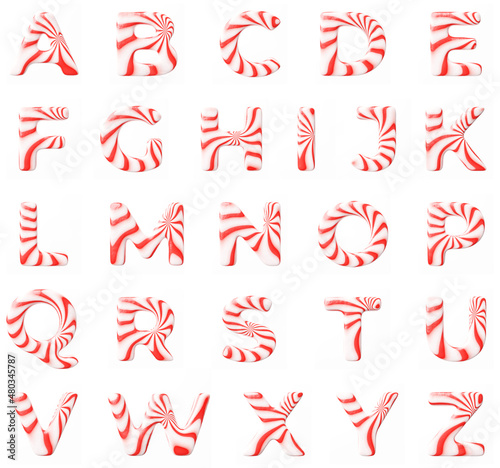 Candy letter alphabet on clean white background isolated sweet candy lollipop 3D render with red and white stripes