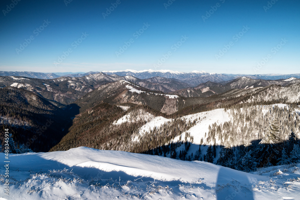 Snowy winter landscape - view on Mala Fatra mountains from Great Fatra mountains, Slovakia