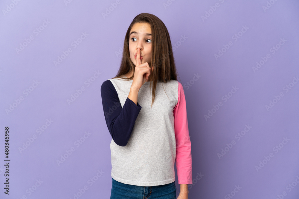 Little girl isolated on purple background showing a sign of silence gesture putting finger in mouth Little girl isolated on purple background showing a sign of silence gesture putting finger in mouth