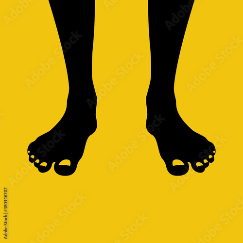 Bare feet black icon. Legs of a man, finger and nails. Template for medicine design and cosmetology. Pedicure. Vector illustration flat design. Isolated on white background.