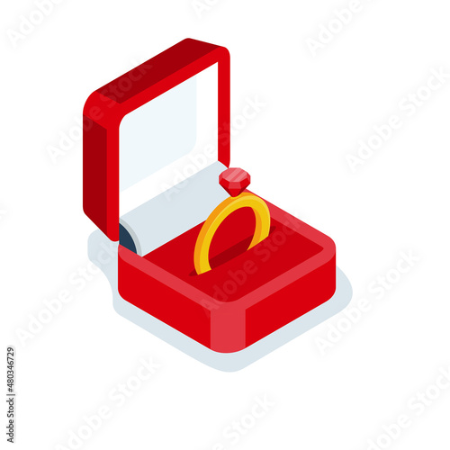 Wedding ring in the box. Vector illustration isometric 3d design. Isolated on white background. Proposal marriage cartoon style. Wedding ring and diamond. Red box.
