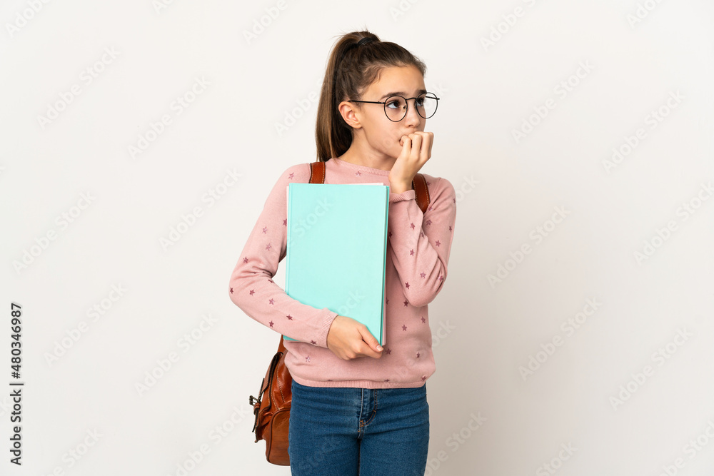 Little student girl over isolated background having doubts Little student girl over isolated background having doubts