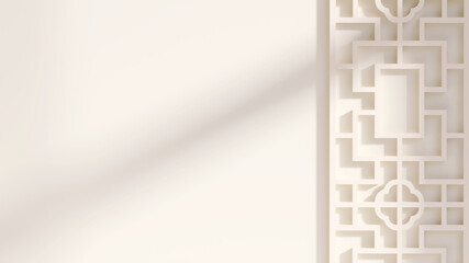 3D render beautiful white empty wall with wooden chinese square pattern wall decoration, morning sunlight show window frame shadow on the wall. Background, Beige, Zen, Asian, Frame, Screen partition