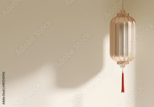 3D render of golden chinese modern lantern a symbol of wealthy and good luck for chinese new year celebration hanging on an empty wall with sunlight and beautiful shadow. Copy space, Background, Blank