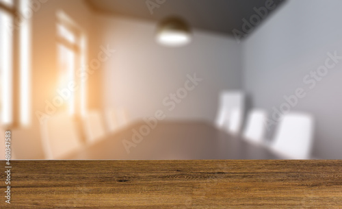 Modern office Cabinet.  3D rendering.   Meeting room. Sunset. Background with empty table. Flooring.