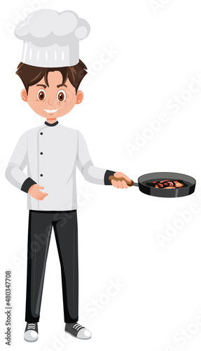 A professional chef holding pan