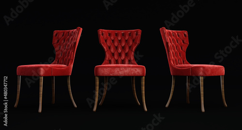 3D render of red chairs isolated on black background.