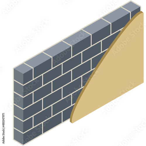 Brick wall in isometry with layers of plaster and insulation. Material for home repair. Construction of buildings. Scheme of applying blue and yellow layer