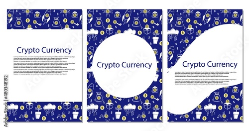 Cryptocurrency poster. Bitcoin banner. Line financial objects, outline crypto coins, blockchain technology. Mining, exchange and groth wallet, investment simbol vector isolated doodle illustration