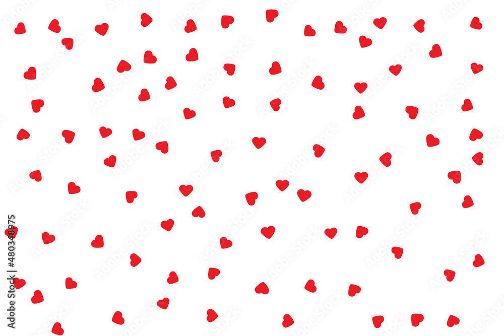 Red hearts confetti. Scatter top gradient on white valentine background. Vector illustration.