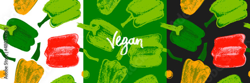 Red bell pepper pattern seamless in vector. Hand-drawn illustrations of green Bulgarian peppers. Pepper drawings. Organic vegetables background. Vegan wallpaper. Cooking backdrop. Vegetarian banner.